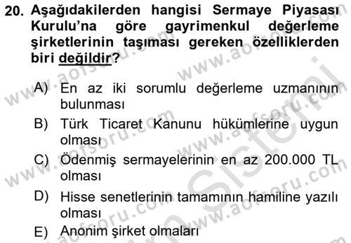 Emlak Finans ve Emlak Değerleme Dersi 2018 - 2019 Yılı 3 Ders Sınav Soruları 20. Soru
