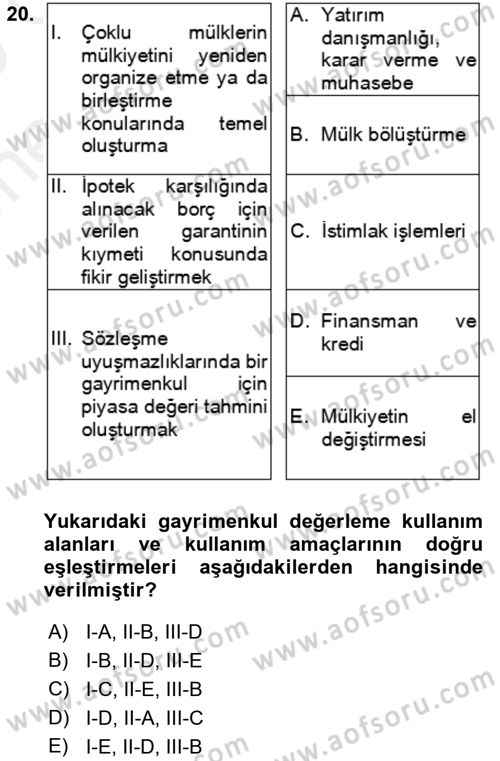 Emlak Finans ve Emlak Değerleme Dersi 2018 - 2019 Yılı (Vize) Ara Sınav Soruları 20. Soru