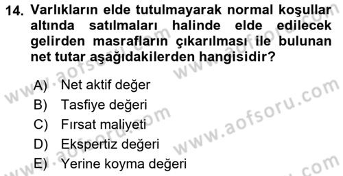 Emlak Finans ve Emlak Değerleme Dersi 2018 - 2019 Yılı (Final) Dönem Sonu Sınav Soruları 14. Soru