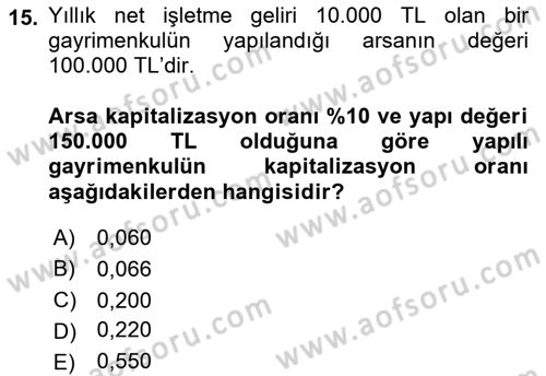 Emlak Finans ve Emlak Değerleme Dersi 2018 - 2019 Yılı Yaz Okulu Sınav Soruları 15. Soru