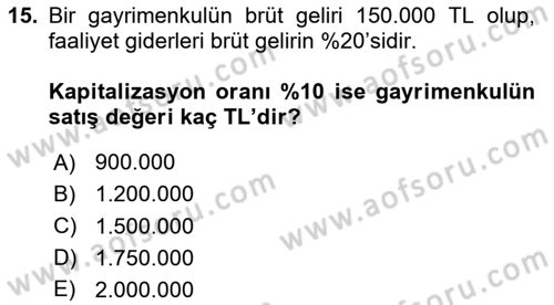 Emlak Finans ve Emlak Değerleme Dersi 2020 - 2021 Yılı Yaz Okulu Sınav Soruları 15. Soru