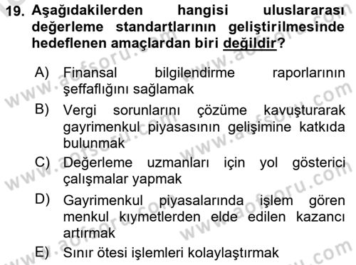 Emlak Finans ve Emlak Değerleme Dersi 2020 - 2021 Yılı Yaz Okulu Sınav Soruları 19. Soru