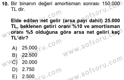 Emlak Finans ve Emlak Değerleme Dersi 2021 - 2022 Yılı (Final) Dönem Sonu Sınav Soruları 10. Soru