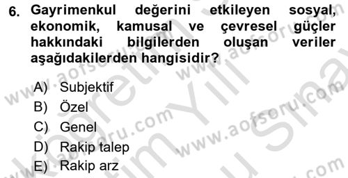 Emlak Finans ve Emlak Değerleme Dersi 2021 - 2022 Yılı (Final) Dönem Sonu Sınav Soruları 6. Soru
