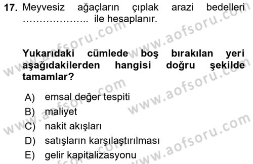 Emlak Finans ve Emlak Değerleme Dersi 2021 - 2022 Yılı Yaz Okulu Sınav Soruları 17. Soru