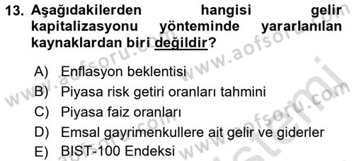 Emlak Finans ve Emlak Değerleme Dersi 2022 - 2023 Yılı Yaz Okulu Sınav Soruları 13. Soru