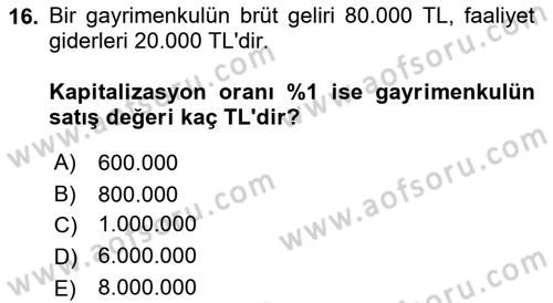 Emlak Finans ve Emlak Değerleme Dersi 2022 - 2023 Yılı Yaz Okulu Sınav Soruları 16. Soru