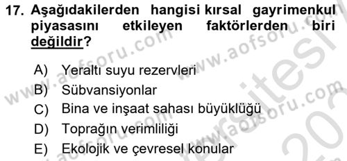 Emlak Finans ve Emlak Değerleme Dersi 2022 - 2023 Yılı Yaz Okulu Sınav Soruları 17. Soru