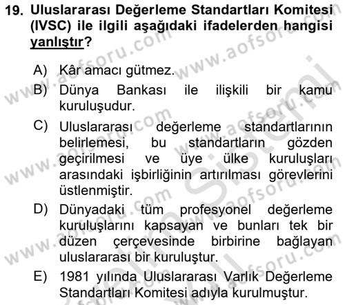 Emlak Finans ve Emlak Değerleme Dersi 2022 - 2023 Yılı Yaz Okulu Sınav Soruları 19. Soru