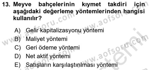 Emlak Finans ve Emlak Değerleme Dersi 2023 - 2024 Yılı (Final) Dönem Sonu Sınav Soruları 13. Soru