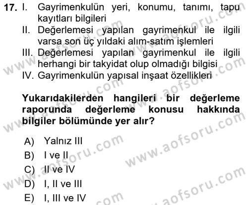 Emlak Finans ve Emlak Değerleme Dersi 2023 - 2024 Yılı (Final) Dönem Sonu Sınav Soruları 17. Soru