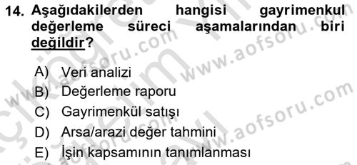 Emlak Finans ve Emlak Değerleme Dersi 2023 - 2024 Yılı Yaz Okulu Sınav Soruları 14. Soru