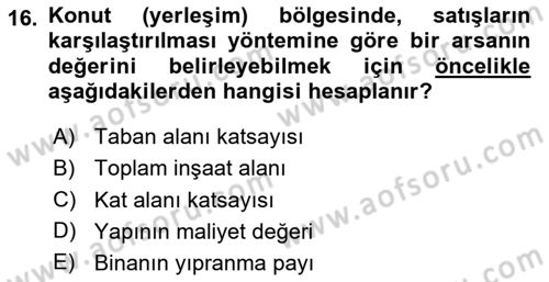 Emlak Finans ve Emlak Değerleme Dersi 2023 - 2024 Yılı Yaz Okulu Sınav Soruları 16. Soru
