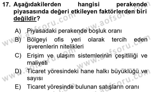 Emlak Finans ve Emlak Değerleme Dersi 2023 - 2024 Yılı Yaz Okulu Sınav Soruları 17. Soru
