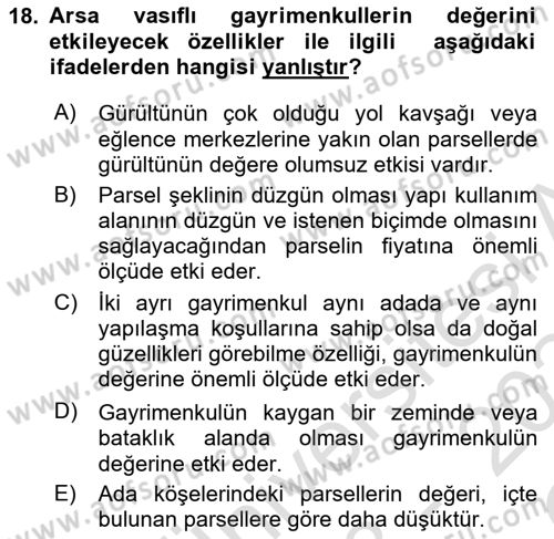 Emlak Finans ve Emlak Değerleme Dersi 2023 - 2024 Yılı Yaz Okulu Sınav Soruları 18. Soru