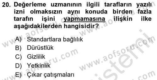 Emlak Finans ve Emlak Değerleme Dersi 2023 - 2024 Yılı Yaz Okulu Sınav Soruları 20. Soru