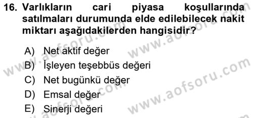 Emlak Finans ve Emlak Değerleme Dersi 2024 - 2025 Yılı (Final) Dönem Sonu Sınav Soruları 16. Soru
