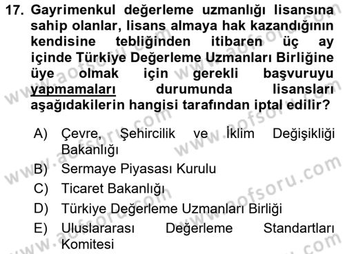 Emlak Finans ve Emlak Değerleme Dersi 2024 - 2025 Yılı (Final) Dönem Sonu Sınav Soruları 17. Soru