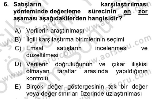 Emlak Finans ve Emlak Değerleme Dersi 2024 - 2025 Yılı (Final) Dönem Sonu Sınav Soruları 6. Soru