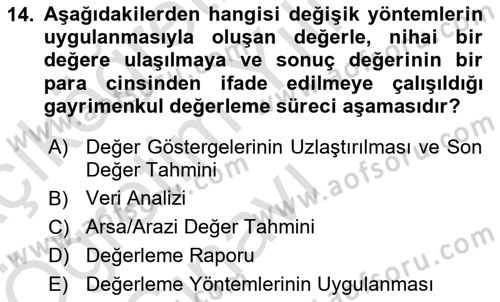Emlak Finans ve Emlak Değerleme Dersi 2024 - 2025 Yılı Yaz Okulu Sınav Soruları 14. Soru