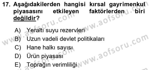 Emlak Finans ve Emlak Değerleme Dersi 2024 - 2025 Yılı Yaz Okulu Sınav Soruları 17. Soru