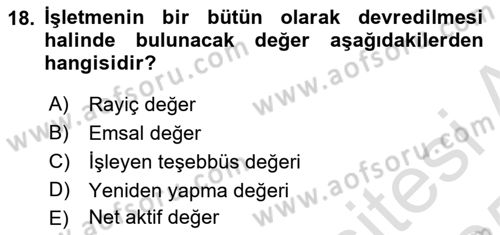 Emlak Finans ve Emlak Değerleme Dersi 2024 - 2025 Yılı Yaz Okulu Sınav Soruları 18. Soru