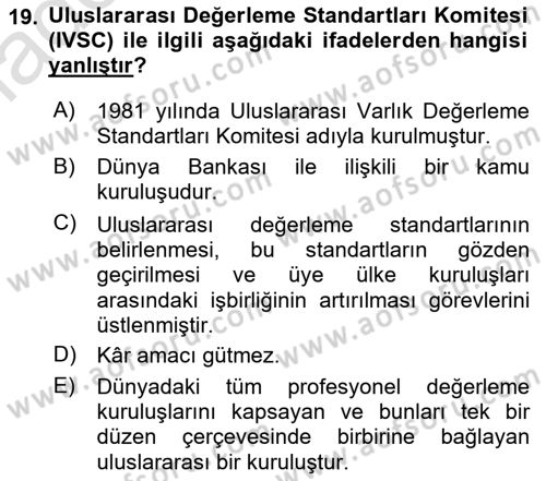 Emlak Finans ve Emlak Değerleme Dersi 2024 - 2025 Yılı Yaz Okulu Sınav Soruları 19. Soru