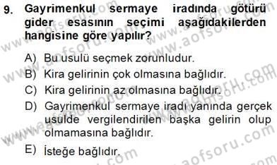 Gayrimenkullerde Vergilendirme Dersi Ara Sınavı Deneme Sınav Soruları 9. Soru