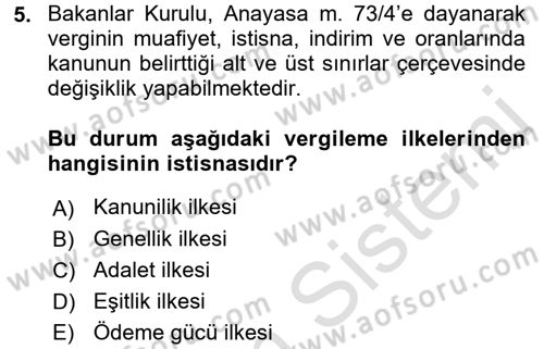 Gayrimenkullerde Vergilendirme Dersi Ara Sınavı Deneme Sınav Soruları 5. Soru