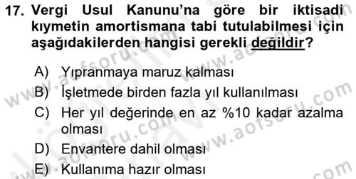 Gayrimenkullerde Vergilendirme Dersi 2017 - 2018 Yılı 3 Ders Sınav Soruları 17. Soru