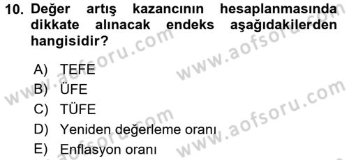 Gayrimenkullerde Vergilendirme Dersi Ara Sınavı Deneme Sınav Soruları 10. Soru