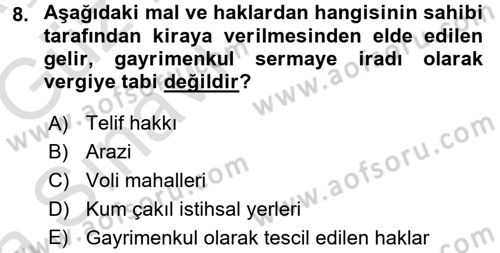 Gayrimenkullerde Vergilendirme Dersi Ara Sınavı Deneme Sınav Soruları 8. Soru