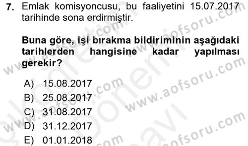 Gayrimenkullerde Vergilendirme Dersi 2017 - 2018 Yılı (Final) Dönem Sonu Sınav Soruları 7. Soru