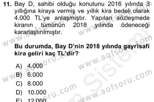 Gayrimenkullerde Vergilendirme Dersi 2018 - 2019 Yılı (Vize) Ara Sınav Soruları 11. Soru
