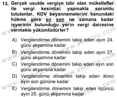 Gayrimenkullerde Vergilendirme Dersi 2018 - 2019 Yılı (Vize) Ara Sınav Soruları 13. Soru