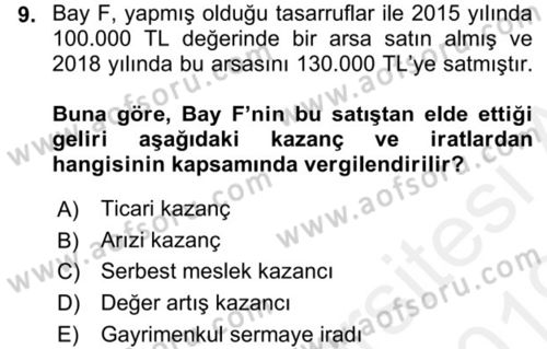 Gayrimenkullerde Vergilendirme Dersi 2018 - 2019 Yılı (Vize) Ara Sınav Soruları 9. Soru