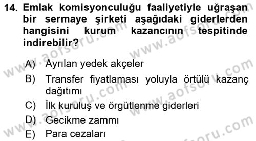 Gayrimenkullerde Vergilendirme Dersi 2018 - 2019 Yılı Yaz Okulu Sınav Soruları 14. Soru