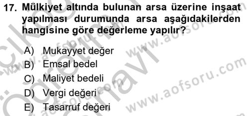 Gayrimenkullerde Vergilendirme Dersi 2018 - 2019 Yılı Yaz Okulu Sınav Soruları 17. Soru