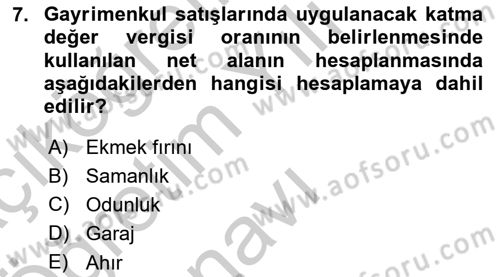 Gayrimenkullerde Vergilendirme Dersi 2018 - 2019 Yılı Yaz Okulu Sınav Soruları 7. Soru