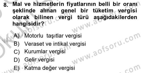 Gayrimenkullerde Vergilendirme Dersi 2018 - 2019 Yılı Yaz Okulu Sınav Soruları 8. Soru