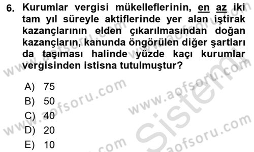 Gayrimenkullerde Vergilendirme Dersi Ara Sınavı Deneme Sınav Soruları 6. Soru
