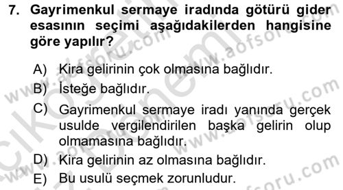 Gayrimenkullerde Vergilendirme Dersi Ara Sınavı Deneme Sınav Soruları 7. Soru