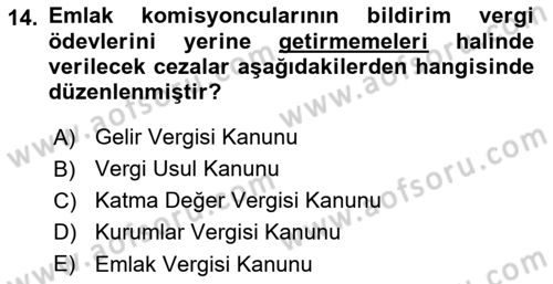 Gayrimenkullerde Vergilendirme Dersi 2020 - 2021 Yılı Yaz Okulu Sınav Soruları 14. Soru
