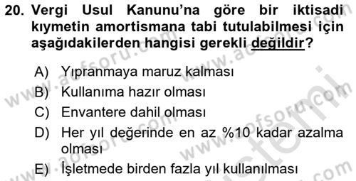 Gayrimenkullerde Vergilendirme Dersi 2020 - 2021 Yılı Yaz Okulu Sınav Soruları 20. Soru
