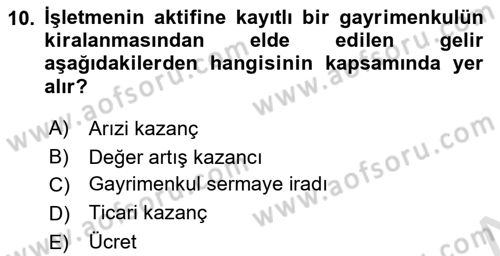 Gayrimenkullerde Vergilendirme Dersi Ara Sınavı Deneme Sınav Soruları 10. Soru