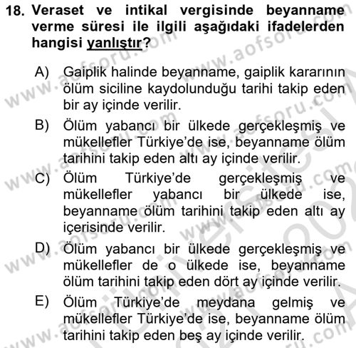 Gayrimenkullerde Vergilendirme Dersi Ara Sınavı Deneme Sınav Soruları 18. Soru