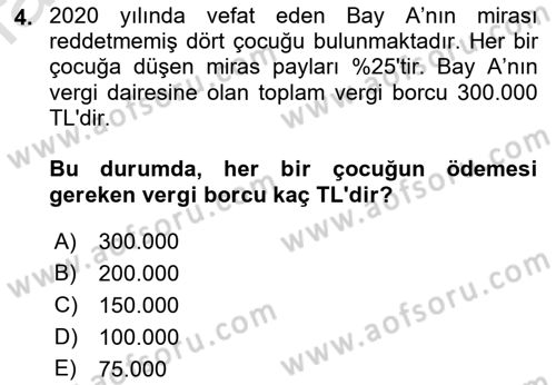 Gayrimenkullerde Vergilendirme Dersi 2021 - 2022 Yılı (Vize) Ara Sınav Soruları 4. Soru