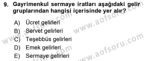 Gayrimenkullerde Vergilendirme Dersi Ara Sınavı Deneme Sınav Soruları 9. Soru