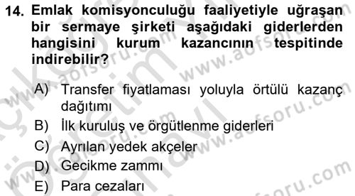 Gayrimenkullerde Vergilendirme Dersi 2021 - 2022 Yılı Yaz Okulu Sınav Soruları 14. Soru