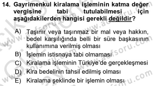 Gayrimenkullerde Vergilendirme Dersi 2022 - 2023 Yılı (Vize) Ara Sınav Soruları 14. Soru